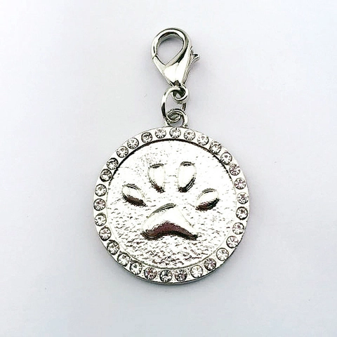 Sparkly Rhinestone Pet ID Tag Paw Print Alloy Round Pendant Collar Charm Lobster Clasp For Dogs Cats Puppy Jewelry Accessory