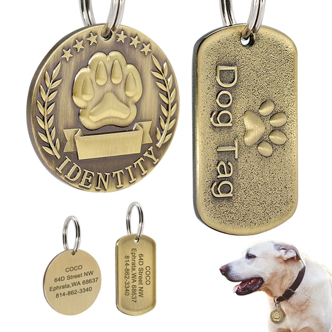 Vintage Bronze Metal Pet ID Tag Retro Paw Print Dog Cat Collar Pendant Decorative Animal Identity Plate Accessory