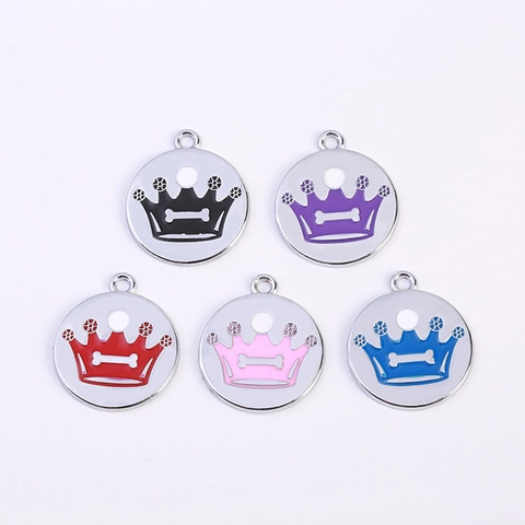 Round Metal Pet ID Tag With Enamel Crown Bone Pattern Cute Cat Dog Identification Plate Necklace Pendant Jewelry Accessory