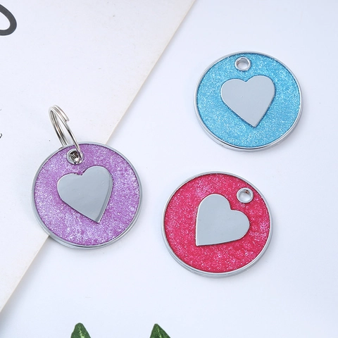 Glitter Heart Round Pet ID Tag Alloy Metal Anti-Lost Name Tag For Dogs And Cats Sparkly Collar Accessory Identification