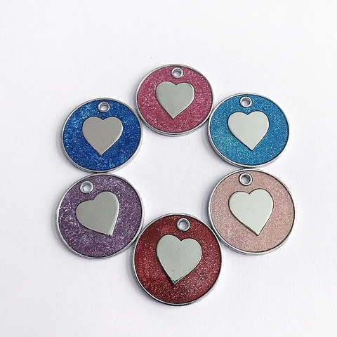 Glitter Heart Round Pet ID Tag Alloy Metal Anti-Lost Name Tag For Dogs And Cats Sparkly Collar Accessory Identification