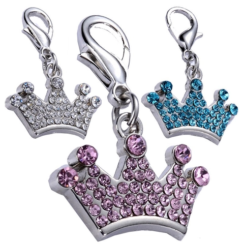 Pet Crown Pendant Alloy Rhinestone Dog Cat ID Tag Charm With Lobster Clasp Silver Plated Sparkling Decorative Accessory