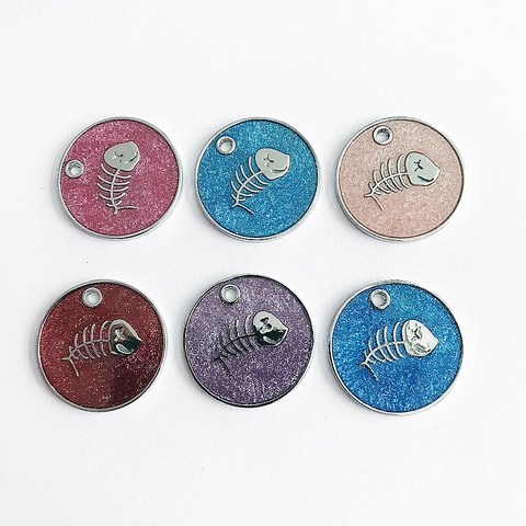 Round Fishbone Pet ID Tag Alloy Glitter Drip Oil Identification Pendant For Dog Cat Necklaces Collars Accessories Decoration
