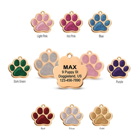 Zinc Alloy Glitter Paw Print Pet ID Tag For Dogs And Cats Animal Paw Shape Pendant Sparkly Pet Identity Collar Charm