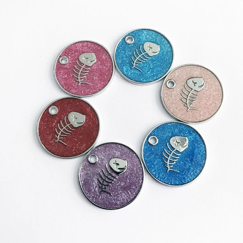 Round Fishbone Pet ID Tag Alloy Glitter Drip Oil Identification Pendant For Dog Cat Necklaces Collars Accessories Decoration