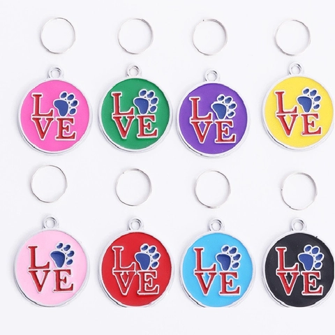 Round Zinc Alloy Pet ID Tag LOVE Letter Paw Print Identification Tag For Dogs Cats Collar Pendant Accessory