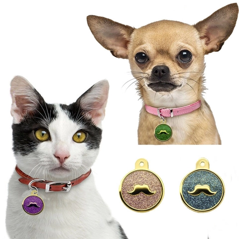 Glitzer Schnurrbart Runde Haustier-ID-Marke Metall Hund Katze Namensschild Anhänger Zubehör Für Tierhalsbänder DIY Marken Zum Gravieren