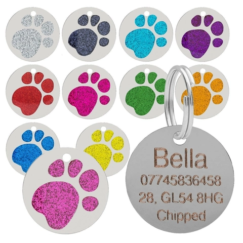 Round Zinc Alloy Glitter Paw Print Pet ID Tag Engravable Anti-Lost Collar Pendant For Cats Dogs Multi Color Accessory