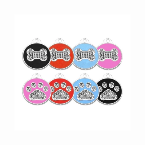 Zinc Alloy Rhinestone Pet ID Tag Sparkling Bone Paw Print Dog Cat Identification Pendant Anti Lost Nameplate Charm