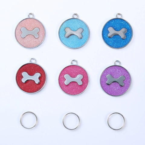 Glitter Round Metal Pet ID Tag Bone Paw Print Pendant For Dogs Cats Collar Accessory Shiny Identification Tag Multi Color