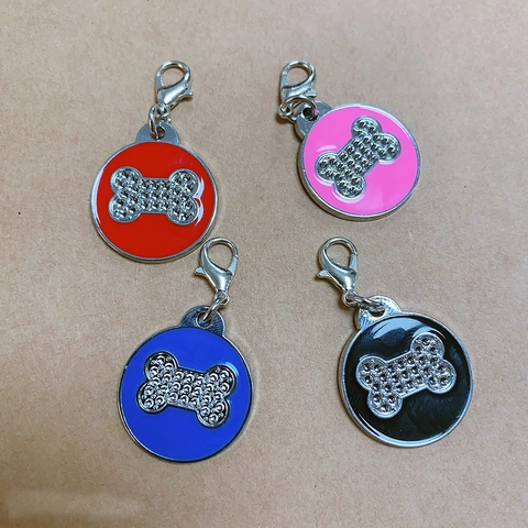 Zinc Alloy Rhinestone Pet ID Tag Sparkling Bone Paw Print Dog Cat Identification Pendant Anti Lost Nameplate Charm