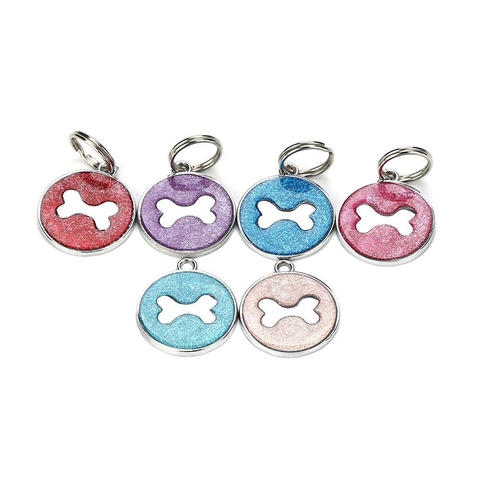 Round Glitter Enamel Pet ID Tag Bone Paw Pattern Alloy Metal Dog Cat Collar Attachment Jewelry Decorative Charm Accessory