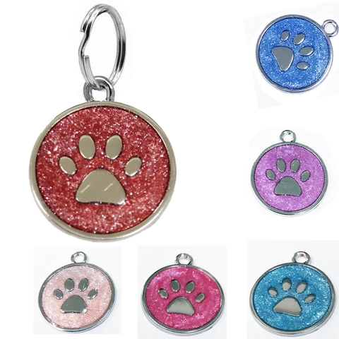 Glitzer Pfotenabdruck Haustier ID Tags Metall Rund Gravierbar Hund Katze Identifikation Anhänger Für Halsband Zubehör