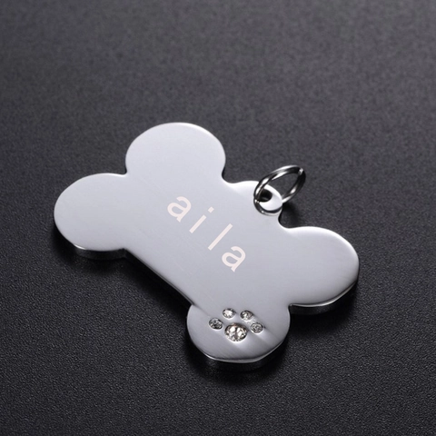 Bone Shaped Dog ID Tag Stainless Steel Rhinestone Paw Print Personalized Pet Identification Tag Silver Metal Accessory