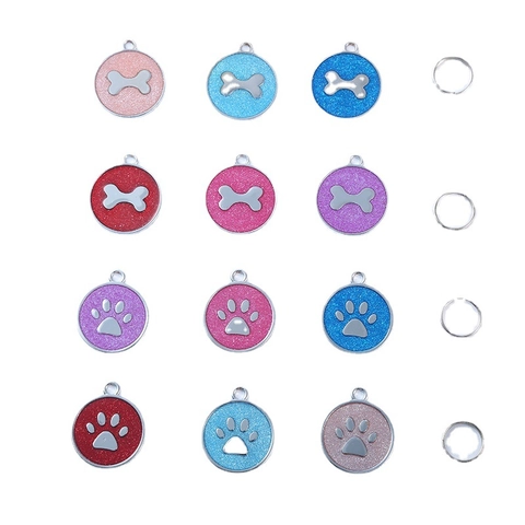 Round Glitter Enamel Pet ID Tag Bone Paw Pattern Alloy Metal Dog Cat Collar Attachment Jewelry Decorative Charm Accessory