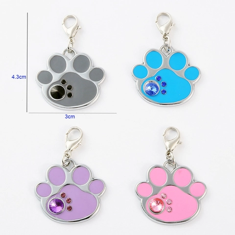 Zinc Alloy Cute Paw Print Pet ID Tag Enamel Rhinestone Dog Cat Collar Charm Pendant Identification Decoration Jewelry