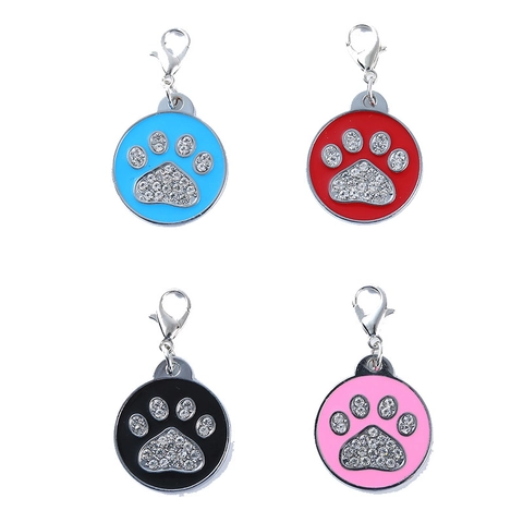 Medaglietta Identificativa per Animali in Lega di Zinco con Strass a Forma di Zampa e Osso Pendente per Collare Gatto Cane
