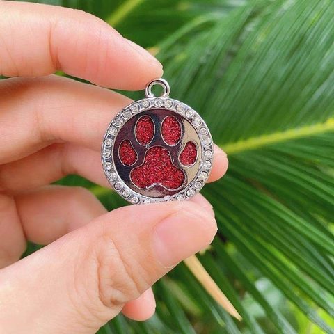 Sparkling Round Rhinestone Pet ID Tag Zinc Alloy Paw Print Cat Dog Collar Pendant Accessory Identification Tag For Pets