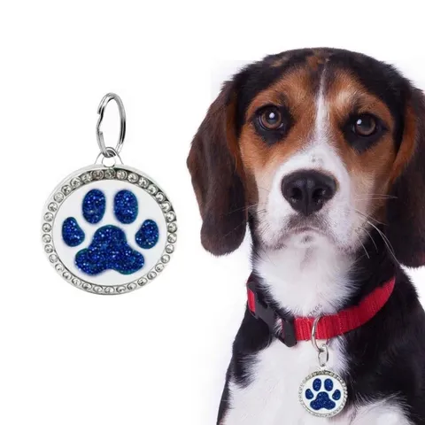 Glitzernder Runder Strass Haustier-ID-Anhänger Zinklegierung Pfotenabdruck Katze Hund Halsband Anhänger Identifikationsmarke