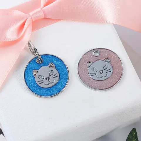 Zinc Alloy Glitter Cat ID Tag Personalized Pet Name Tag For Cat Dog Collar Accessory Circular Identification Pendant