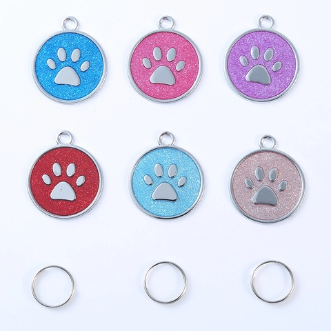 Round Paw Print Pet ID Tag Metal Glitter Enamel Pendant For Dogs Cats Identity Name Tag Decorative Collar Accessories