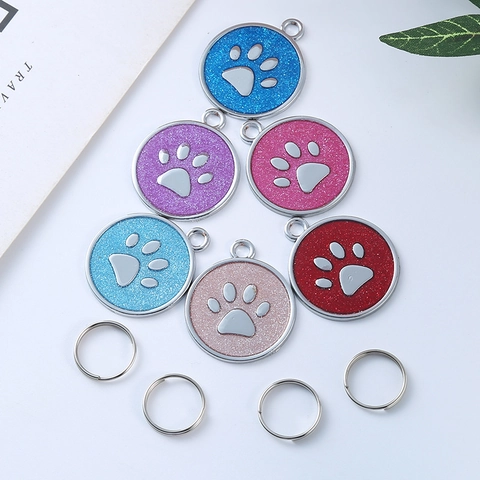 Round Paw Print Pet ID Tag Metal Glitter Enamel Pendant For Dogs Cats Identity Name Tag Decorative Collar Accessories