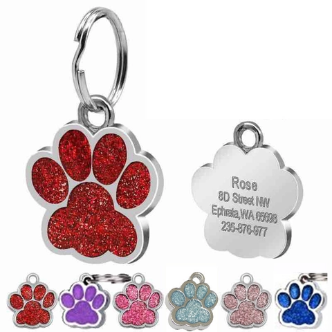 Paw Print Pet ID Tag Glitter Alloy Personalized Engraved Identity Name Tag For Dogs Cats Collar Pendant Anti Lost Decoration