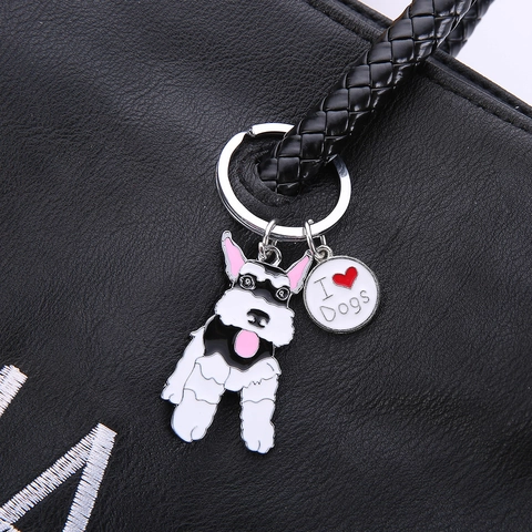 Porte-clés Schnauzer en Métal Dessin Animé Pendentif Chien Émail I Heart Dogs pour Femme Homme Voiture Sac Accessoires Cadeau