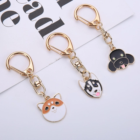 Lindo Llavero de Cabeza de Perro de Esmalte para Mujer Hombre Shiba Inu Husky Caniche Colgante de Bolso de Metal Color Dorado Decoración