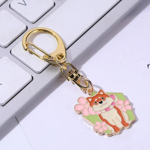 Simpatico Portachiavi in Smalto Shiba Inu e Dinosauro Pendente Animale Creativo Anello in Metallo Dorato Ciondolo per Borsa Regalo