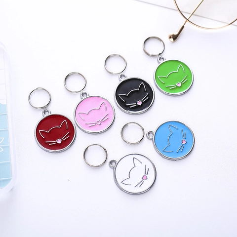 Round Enamel Cat Pet ID Tags Alloy Pendant Cute Kitten Face Collar Charms Identification Name Tags for Small Pets Dogs Accessories