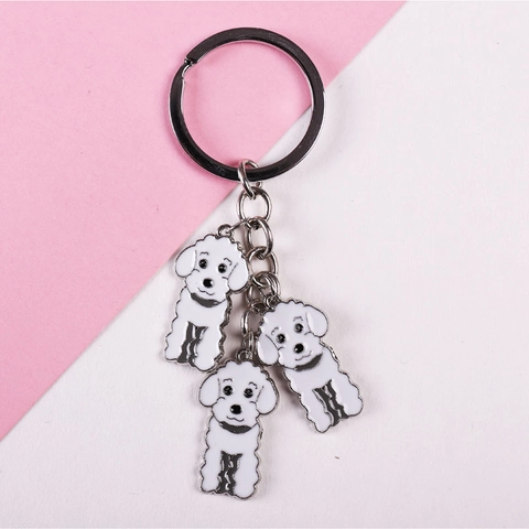 Cute Metal Poodle Keychain Set Enamel Teddy Dog Keyring Heart Paw Print Pendant Bag Charm Gift For Dog Lovers Women
