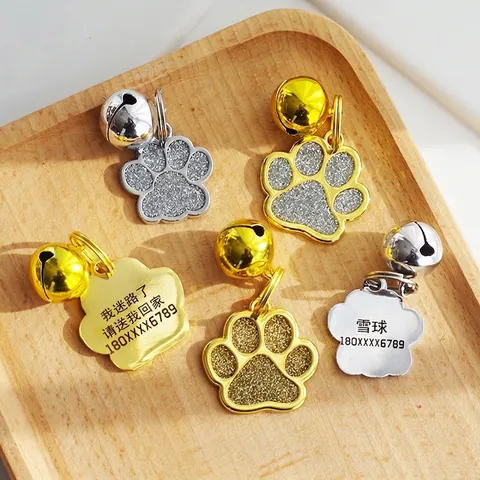 Haustiermarke Mit Pfotenabdruck Und Glocke Zinklegierung Glitzer Hund Katze Identifikationszubehör Für Welpen Kätzchen Dekorativer Anhänger