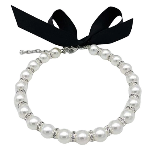 Collier de Künstliche Perles pour Animaux Avec Nœud en Satin Noir Entretoises en Strass Choker Réglable pour Chats Chiens Mariage Bijoux