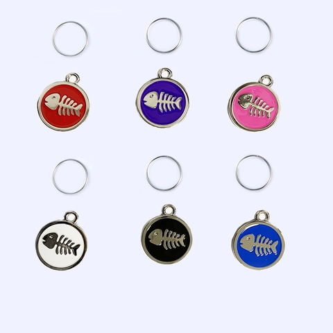 Zinc Alloy Round Pet ID Tag With Fishbone Cat Pattern Enamel Identification Tag For Cats Dogs Anti-Lost Collar Pendant Jewelry