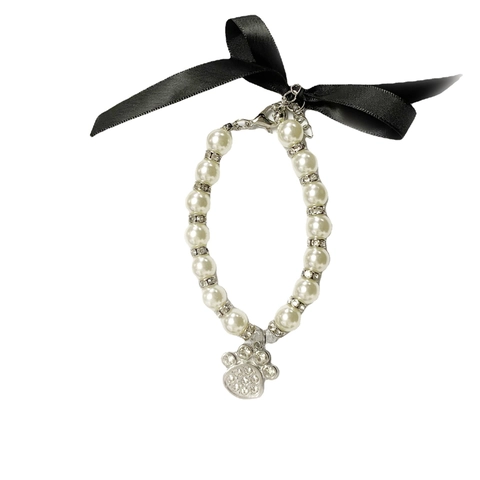 Elegante Collar de Perlas Artificiales para Mascotas Con Colgante de Pata de Strass Decoración de Lazo Negro para Perros Gatos