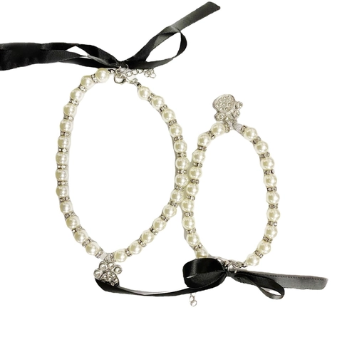 Pet Faux Artificial Pearl Necklace With Rhinestone Paw Pendant Black Satin Bow Adjustable Dog Cat Jewelry For Birthday Party Wedding