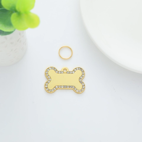 Gold Alloy Rhinestone Encrusted Bone Shaped Pet ID Tag For Dogs Cats Anti-lost Metal Pendant Collar Necklace Accessories