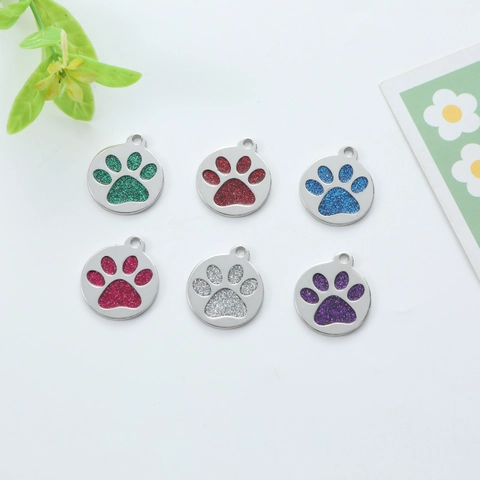 Metalen Ronde Glitter Pootafdruk Huisdier ID-Penning Voor Honden En Katten Anti-Verloren Halsband Hanger Identificatie Decoratie