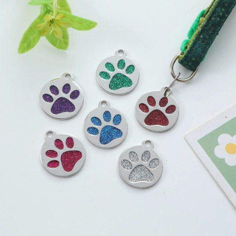 Runde Metall Haustier-ID-Marke Glitzer Pfotenabdruck Anti-Verlust Hundemarke Katzen Identifikation Anhänger Welpenhalsband Zubehör