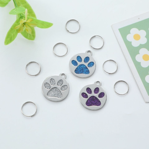 Runde Metall Haustier-ID-Marke Glitzer Pfotenabdruck Anti-Verlust Hundemarke Katzen Identifikation Anhänger Welpenhalsband Zubehör