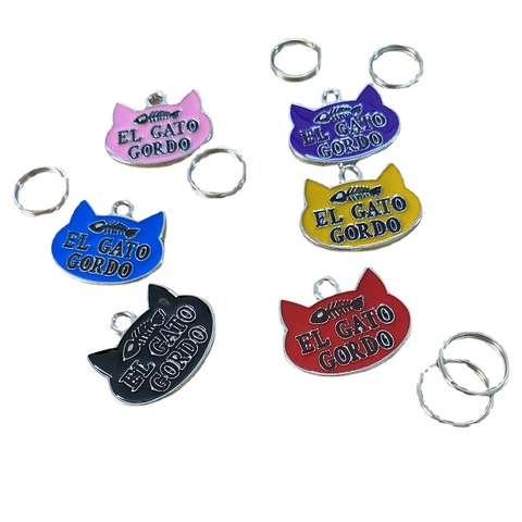 Cat Head Shaped Pet ID Tag Alloy Enamel Cat Collar Pendant Fishbone Pattern Fat Cat Tag Cat Neck Accessory
