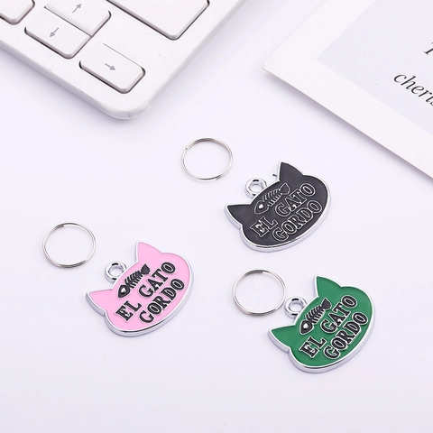 Cat Head Shaped Pet ID Tag Alloy Enamel Cat Collar Pendant Fishbone Pattern Fat Cat Tag Cat Neck Accessory