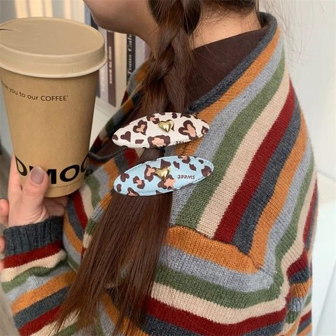 Set di Fermagli per Capelli a Cuore con Stampa Leopardata Vintage Stile Coreano in Tessuto per Donna Accessori per Capelli