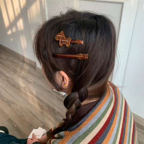 Vintage Acetate Plaid Puppy Hair Clip Set Women Sweet Checkered Animal Side Clip Alloy Bar Hairpin Elegant Hair Accessories