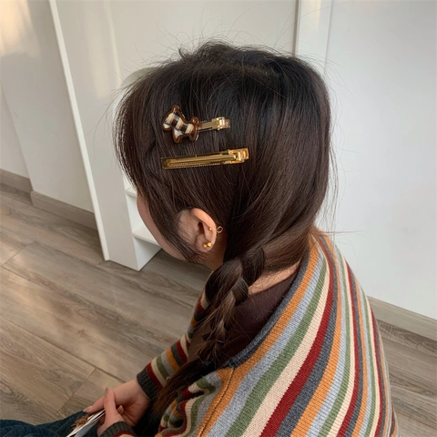 Vintage Acetate Plaid Puppy Hair Clip Set Women Sweet Checkered Animal Side Clip Alloy Bar Hairpin Elegant Hair Accessories