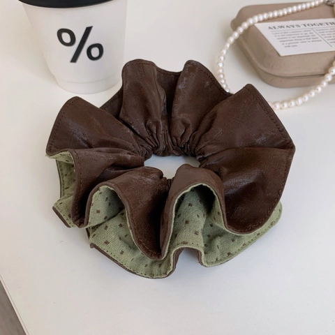 Vintage Doppelschichtiges Kunstleder Und Stoff Haargummi Punktmuster Grün Braun Haargummi Für Damen Minimalistischer Haarschmuck