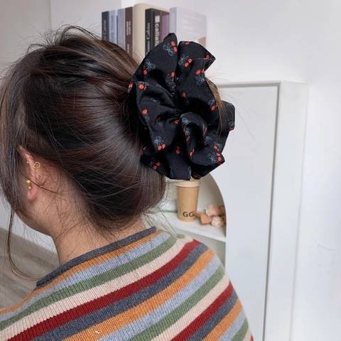 Korean Style Black Cherry Print Scrunchies Chiffon Hair Rings Large Bow Hair Clips Fashion Hair Accessories For Women
