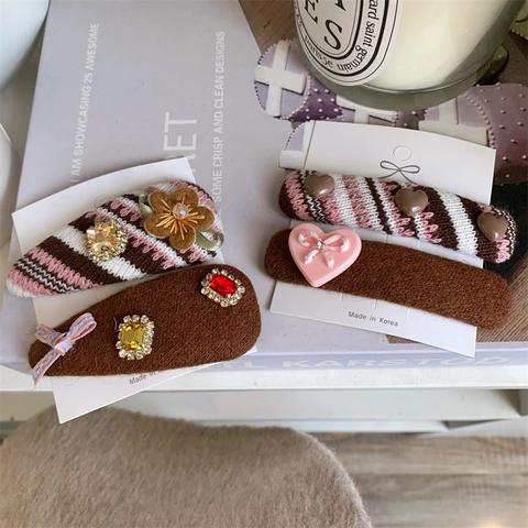 Fermagli per Capelli Coreani in Tessuto a Maglia Fatti a Mano Fiore Cuore Rosa Marrone a Strisce Feltro Strass Donna Accessori