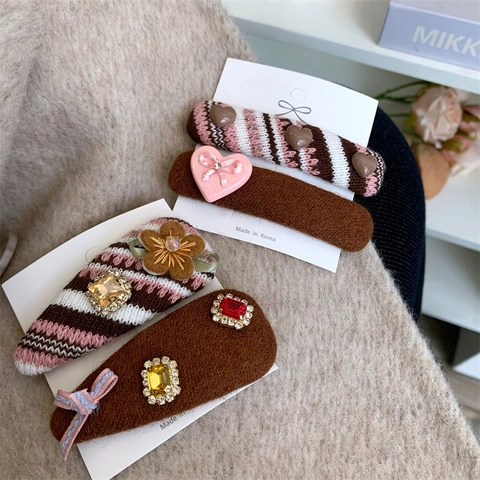 Fermagli per Capelli Coreani in Tessuto a Maglia Fatti a Mano Fiore Cuore Rosa Marrone a Strisce Feltro Strass Donna Accessori